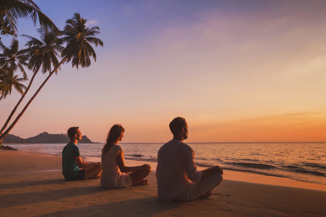 yoga, silhouettes of group of people meditating